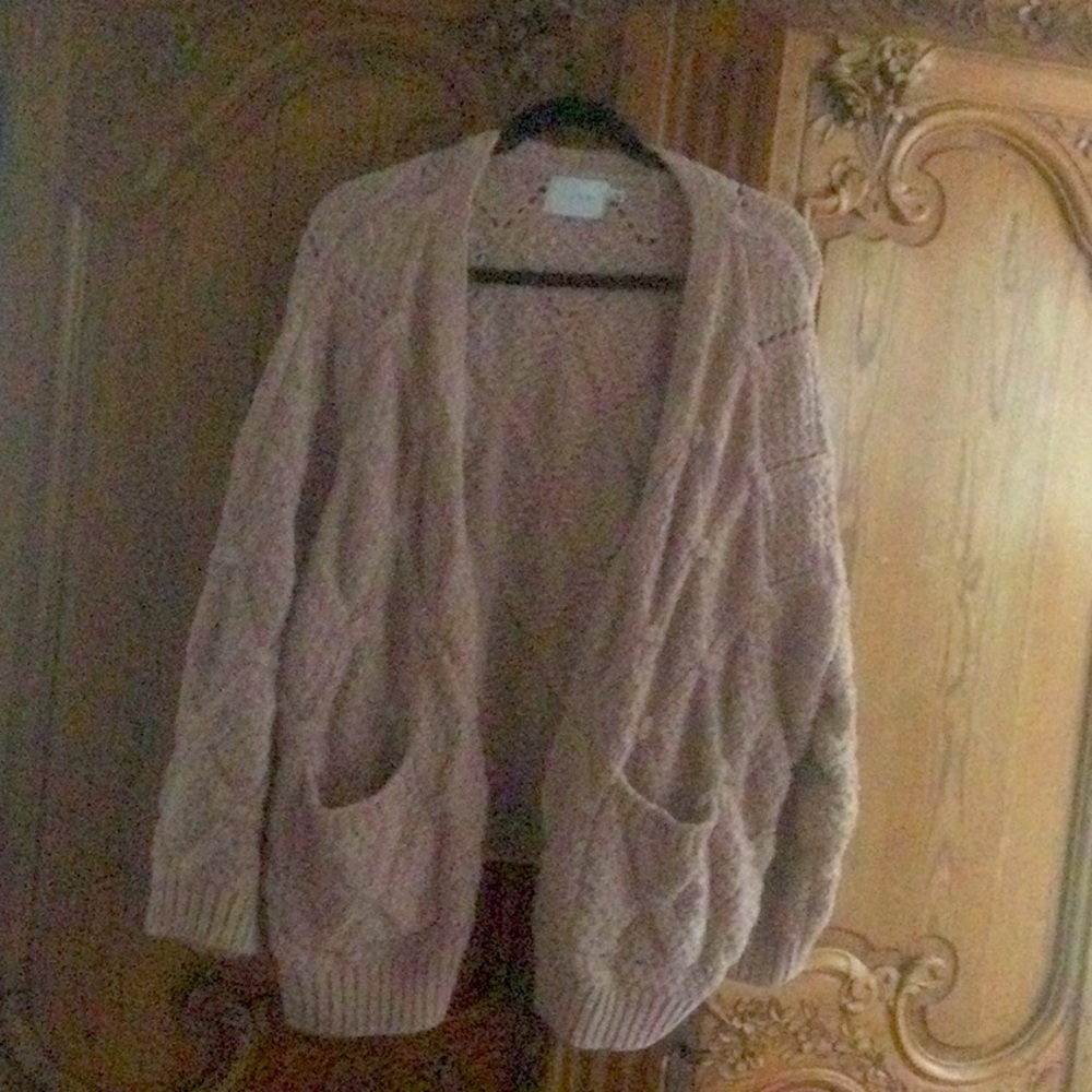 Slouchy and soft chenille cardigan. Dusty rose lattice knit. Dropped shoulder